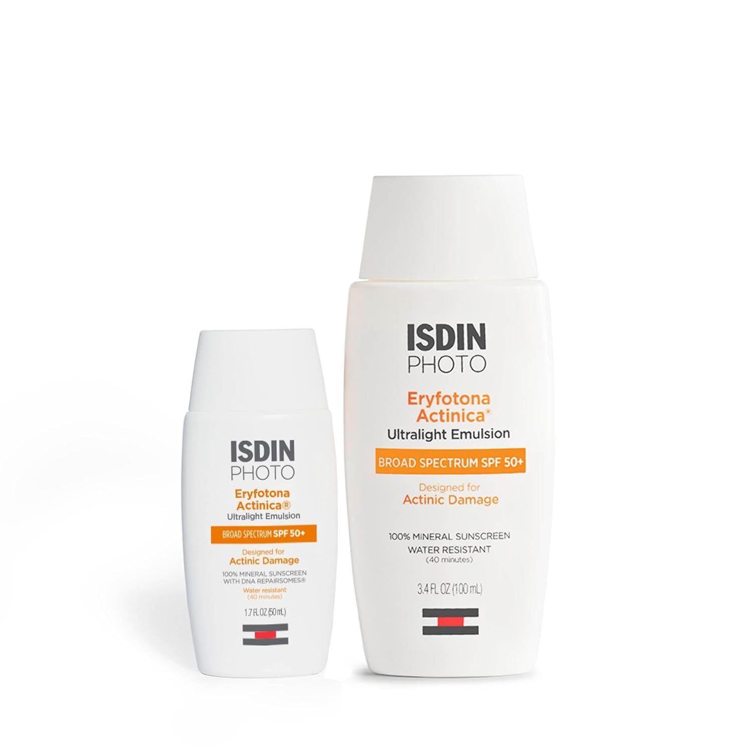 ISDIN Eryfotona Actinica Bundle (1.7 & 3.4 Fl Oz) with Zinc Oxide and 100% Mineral Sunscreen Broad Spectrum SPF 50+, No White Cast, Suitable for Sensitive Skin