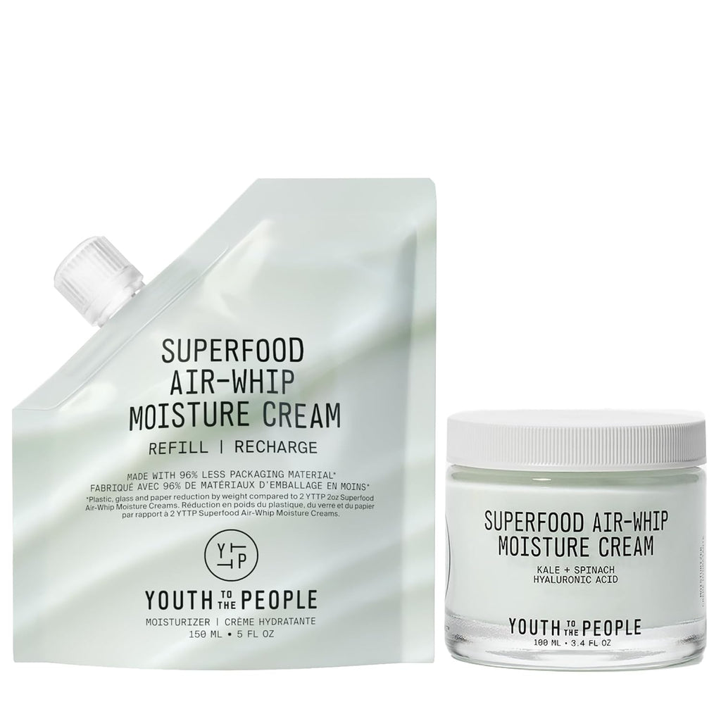Youth To The People Superfood Air-Whip Moisture Cream Refill Bundle Set - Kale + Green Tea Hyaluronic Acid Face Moisturizer (2oz) + (5oz Refill Pouch), Up to 48HR Hydrattion, Dewy Glow, All Skin Types