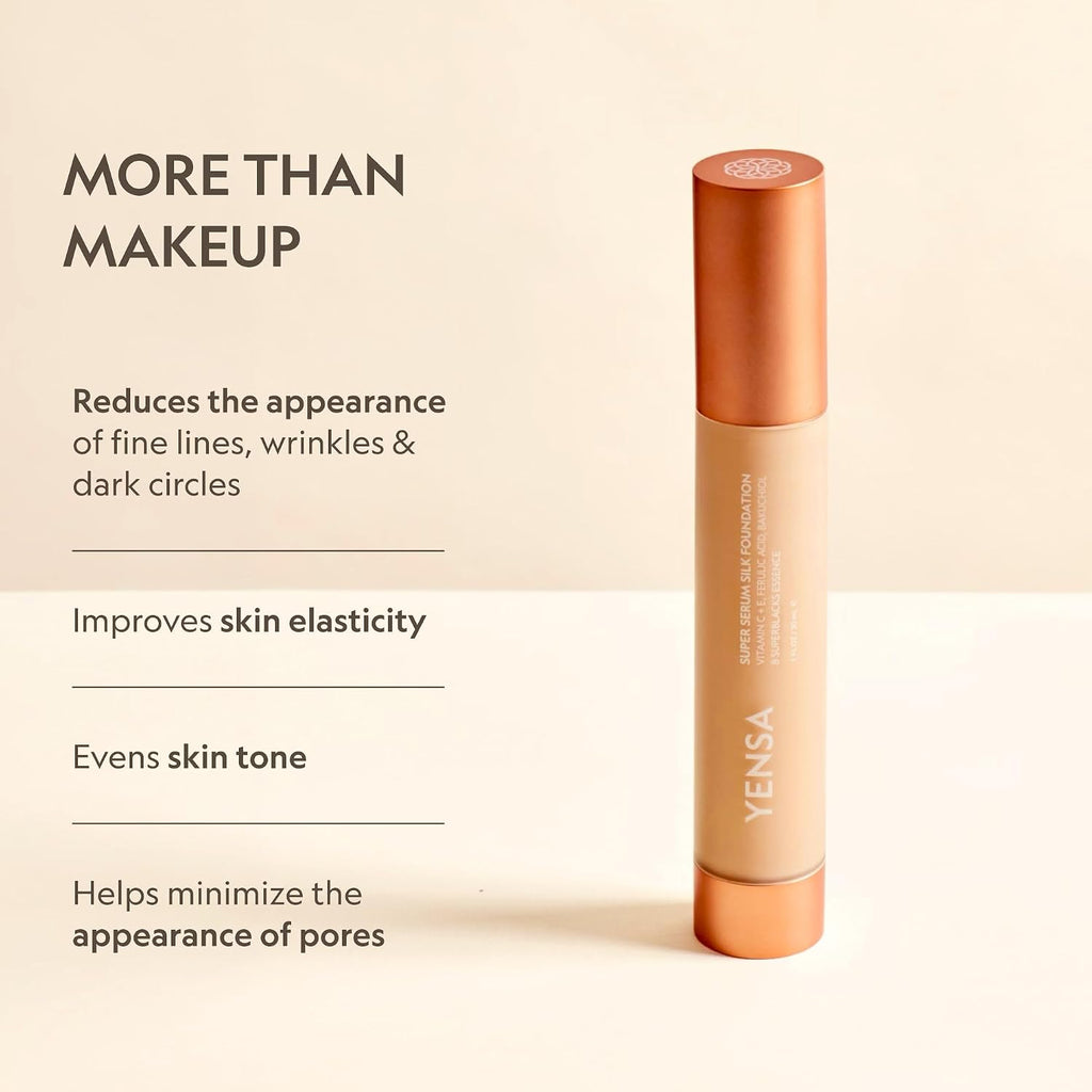 YENSA Super Serum Silk Foundation - Hydrating, Full Coverage Foundation with Vitamin C & Bakuchiol Oil - Blurs Imperfections & Evens Skin Tone - Korean Skin Care Makeup - Medium 3 (1 oz)
