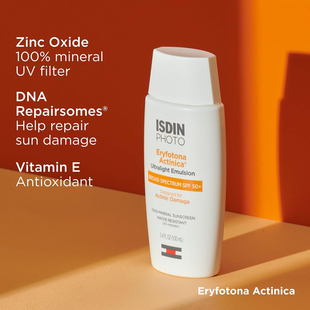 ISDIN Eryfotona Actinica Bundle (1.7 & 3.4 Fl Oz) with Zinc Oxide and 100% Mineral Sunscreen Broad Spectrum SPF 50+, No White Cast, Suitable for Sensitive Skin
