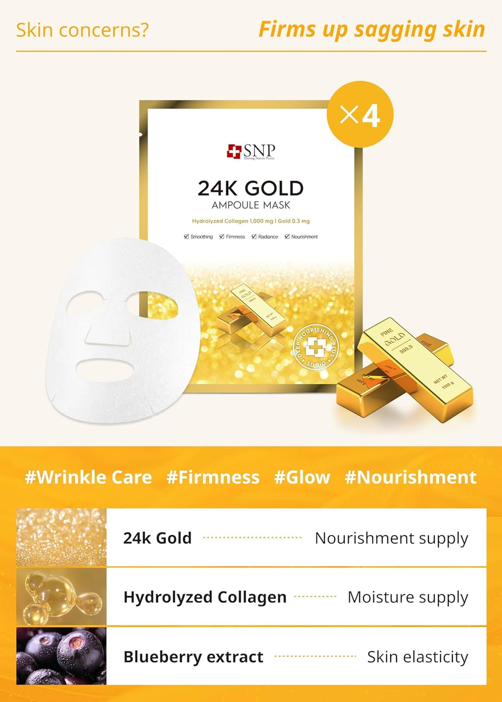 SNP Variety Ampoule Sheet Mask Set | Bird's Nest, 24K Gold, and Diamond Face Mask | Hydrating, Moisturizing, Nourishing for Sensitive Facial Skin | Korean Face Masks Skincare | 12 Sheets