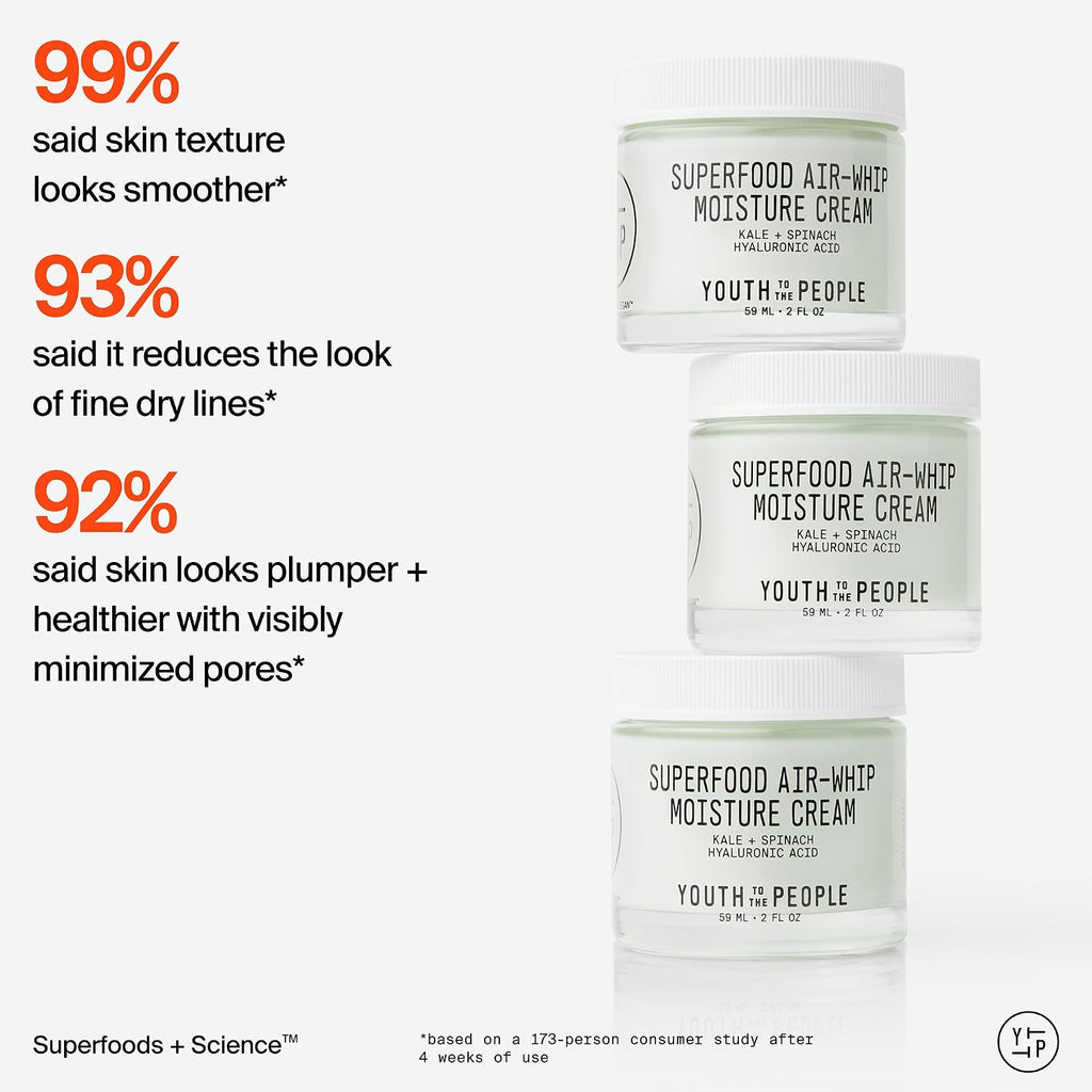 Youth To The People Superfood Air-Whip Moisture Cream Refill Bundle Set - Kale + Green Tea Hyaluronic Acid Face Moisturizer (2oz) + (5oz Refill Pouch), Up to 48HR Hydrattion, Dewy Glow, All Skin Types